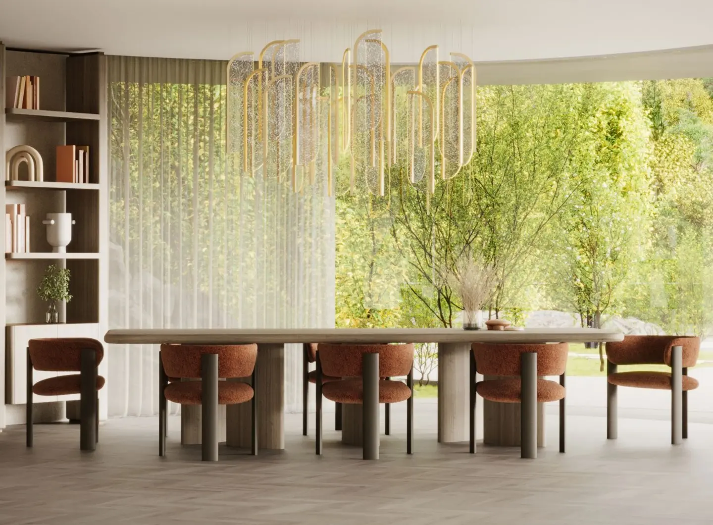 A contemporary dining room showcasing the Dolomites Dining Table paired with the matching rust‑toned Dolomites Chairs and illuminated by a sculptural glass‑and‑gold chandelier. A warm, modern setting that elevates luxury dining room furniture.