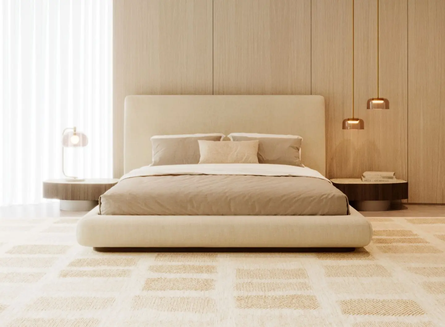 A serene modern bedroom featuring the Toro Bed with its padded headboard and soft neutral bedding paired with the Stone Night Table I on each side, creating a warm and minimalist atmosphere that highlights luxury bedroom furniture.