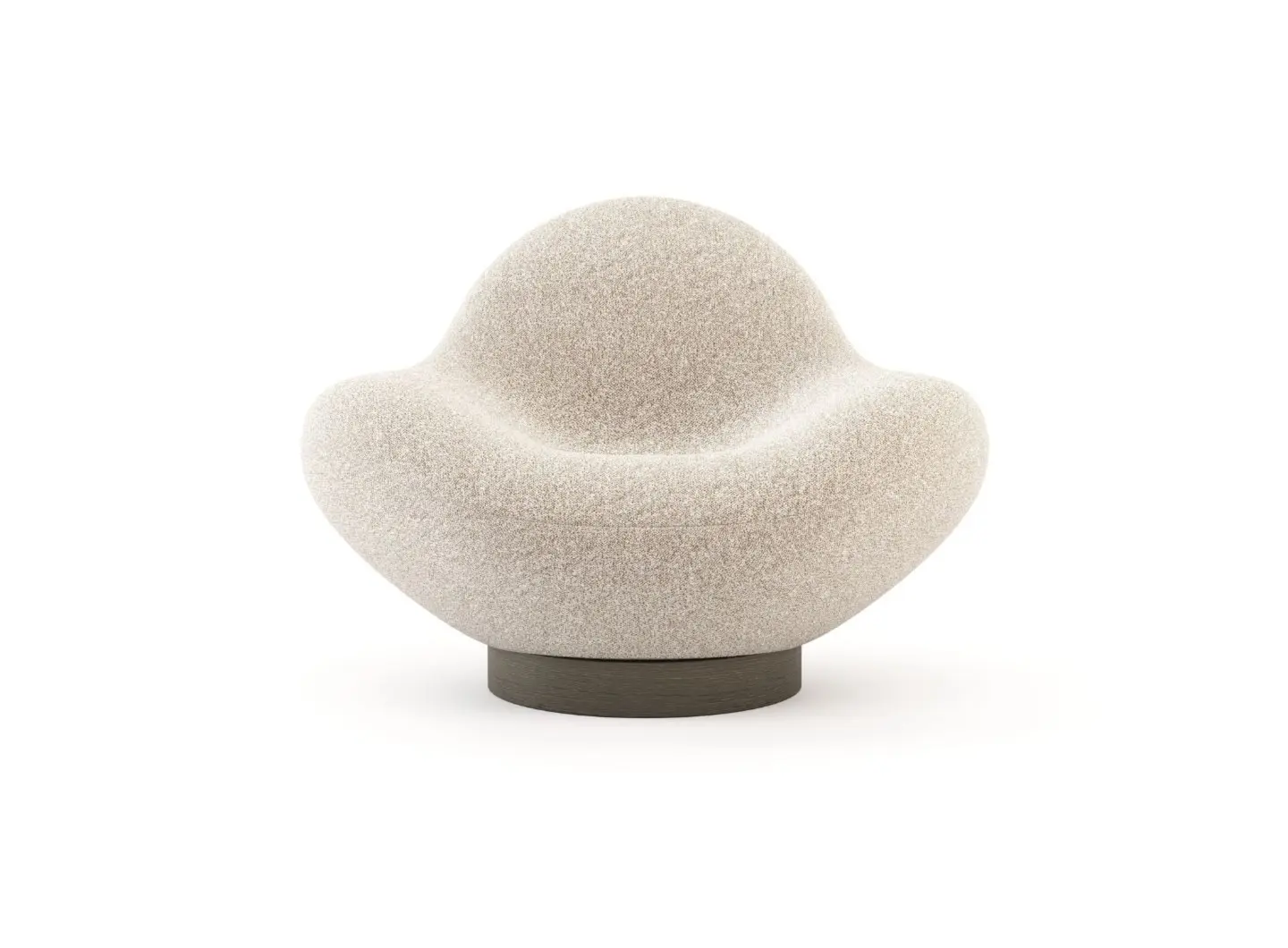 The Stone armchair is presented against a simple backdrop, which highlights its sculptural, stone-inspired silhouette, its beige striped upholstery and its dark circular base.