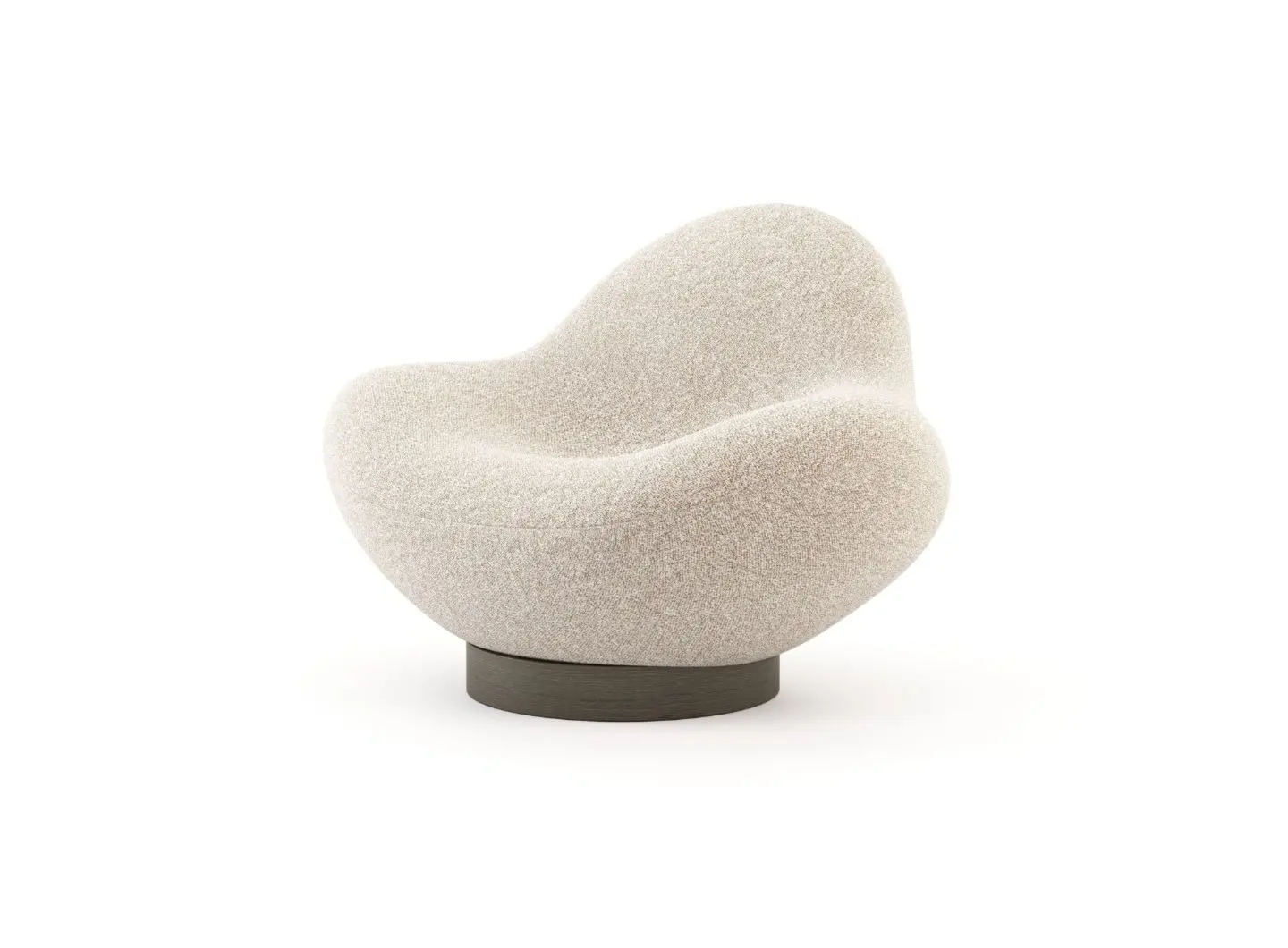 The Stone armchair features a sculptural shape reminiscent of pebbles, upholstered in textured beige fabric, and rests on a dark circular base in a minimalist setting.