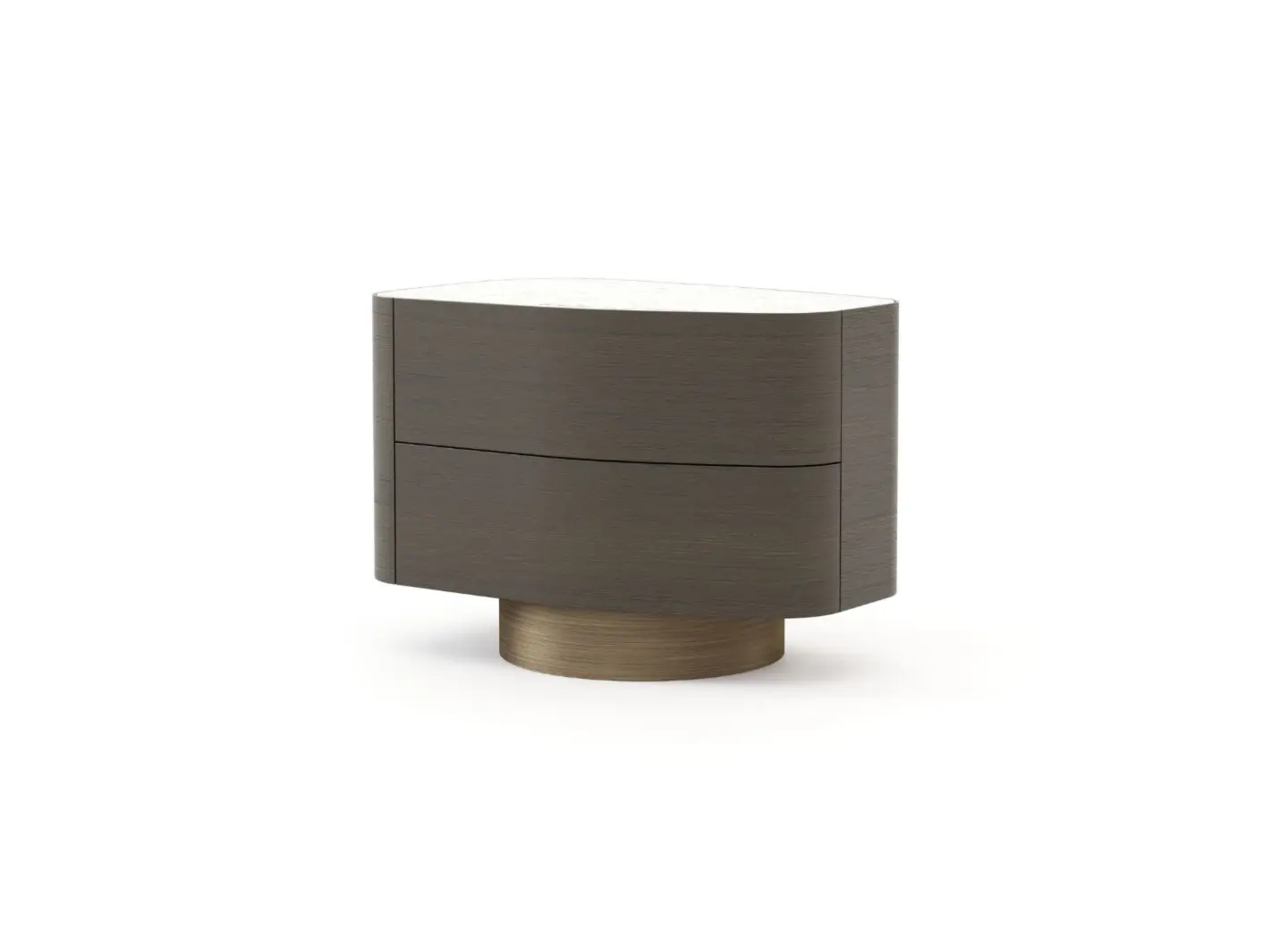 The Stone Night Table II features a curved dark‑wood body with two drawers, a light stone top, and a circular metallic base, shown in a minimalist setting that highlights its sculptural form.