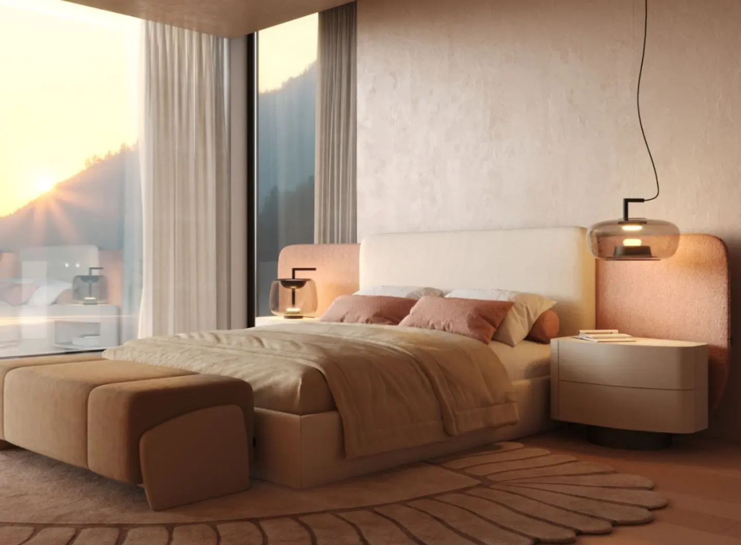 The Stone Night Table II flank a bed dressed in beige and blush bedding, each topped with a contemporary glass lamp, in a bright bedroom with floor‑to‑ceiling windows and a soft, neutral palette.