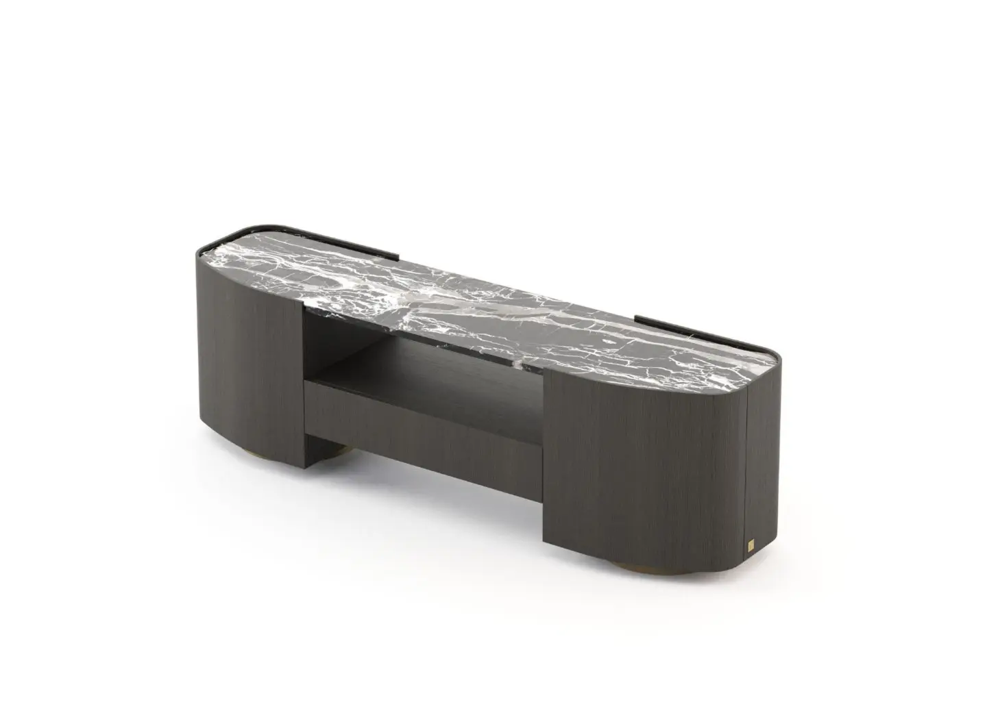 The Stone low console table is shown here from the front: it features a dark wooden frame with rounded edges, a black marble top with white veining, and an open central shelf.