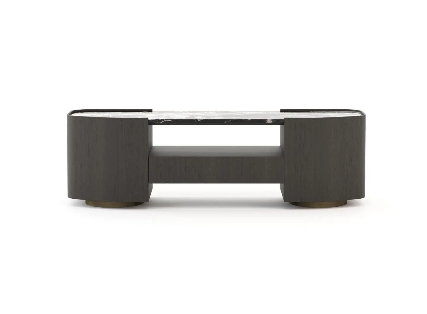 The Stone low console table features a polished stone top, rounded wooden legs and a full-length lower shelf, combining veined stone and dark wood to create a contemporary look.
