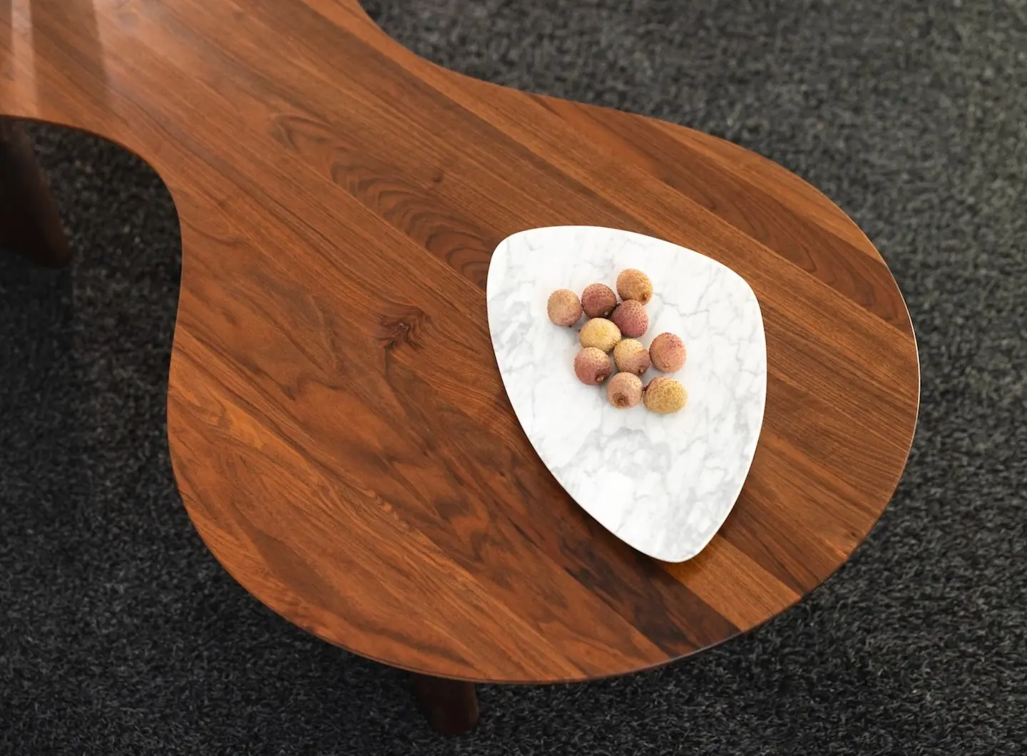 Walnut sofa table and marble dish 