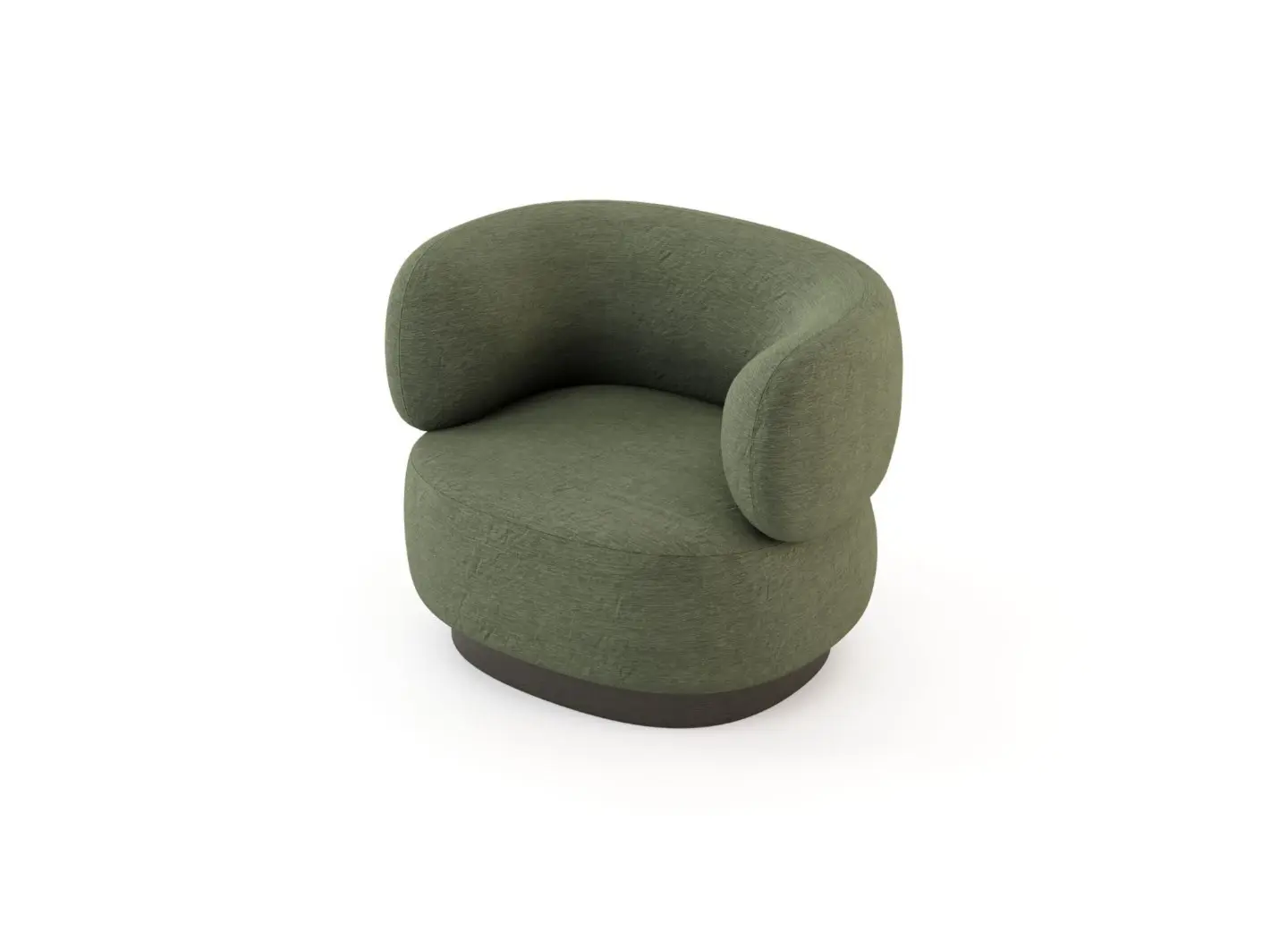 The Dolomites Armchair appears as a rounded green upholstered chair with a curved wraparound backrest and a dark circular base, highlighting its soft, sculptural form in a minimalist setting.