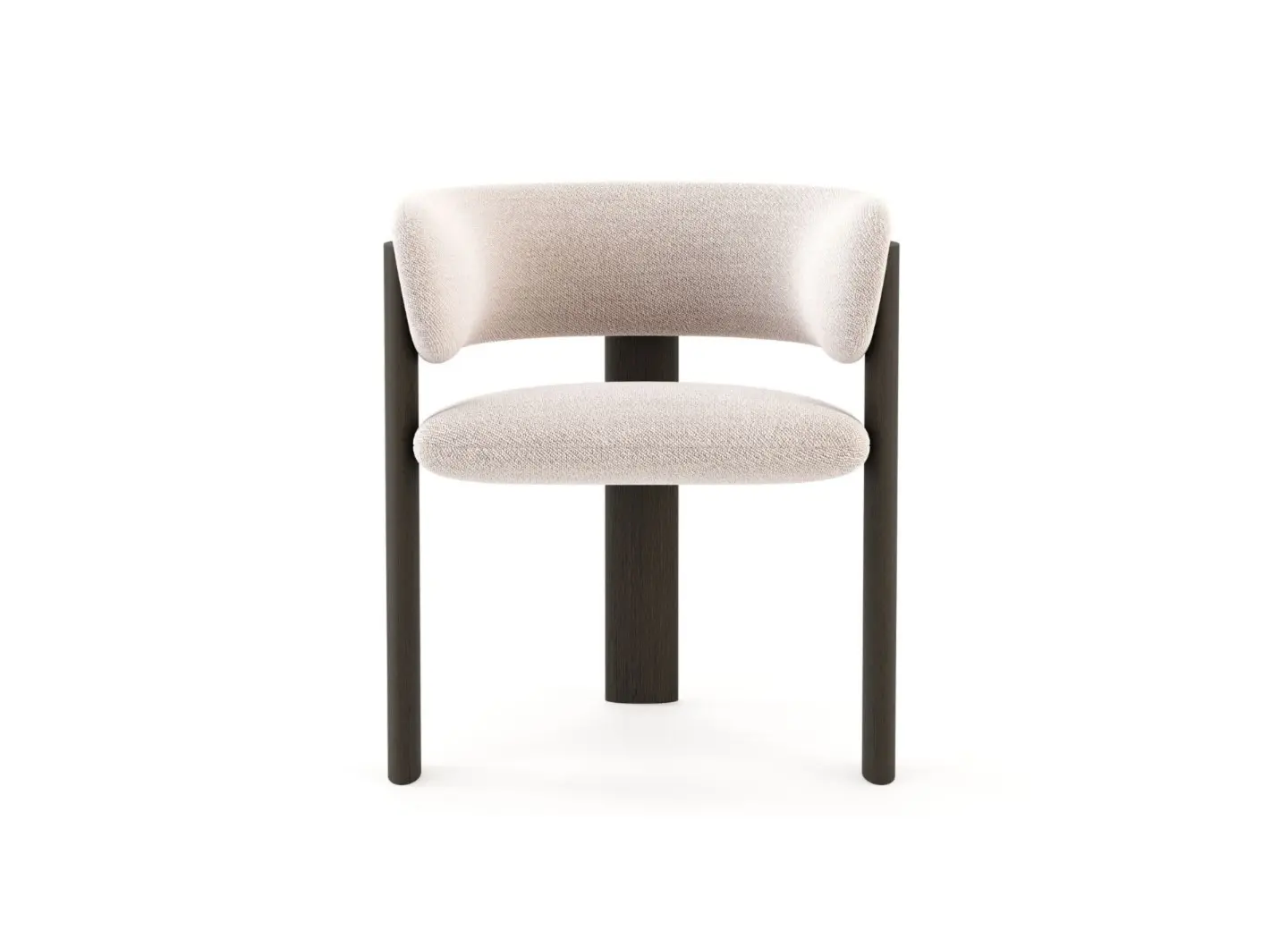 The Dolomites Chair appears as a minimalist chair with a curved backrest and a textured light‑beige upholstered seat, supported by two dark wooden legs that extend upward to frame the backrest.