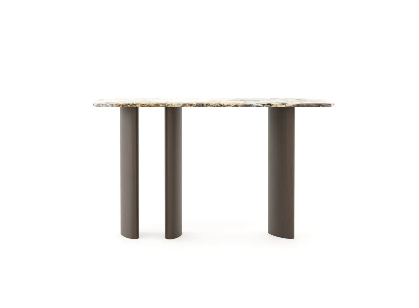 The Dolomites Console appears as a modern table with a polished stone top in multicolored tones and three evenly spaced dark cylindrical legs, highlighting a minimalist design that blends natural texture with clean geometric form.