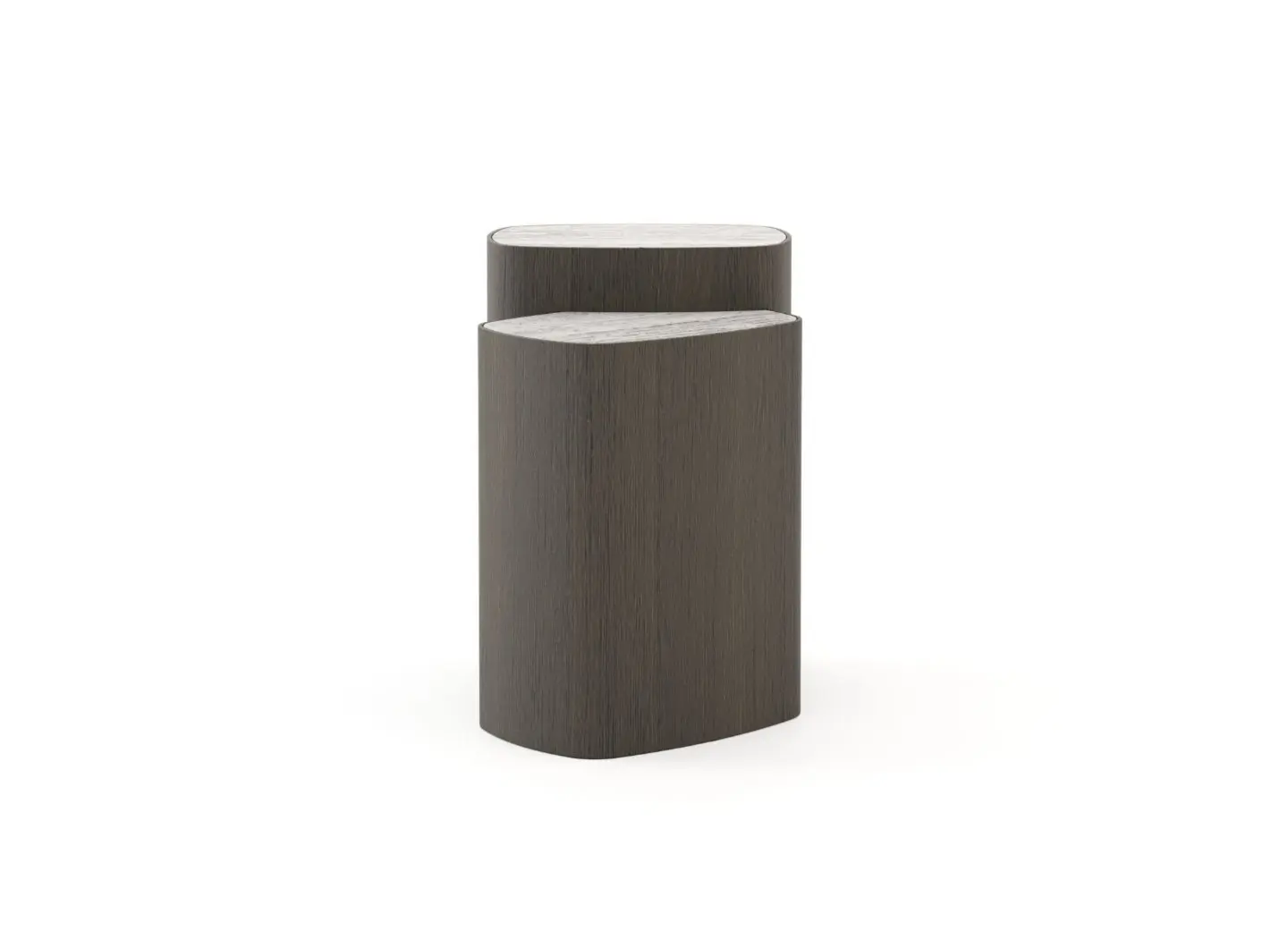 The Dolomites Side Table appears as a sculptural pedestal with an organic stacked form made of dark wood, featuring two asymmetrical cylindrical volumes with lighter stone‑like tops, highlighting a minimalist and contemporary design.