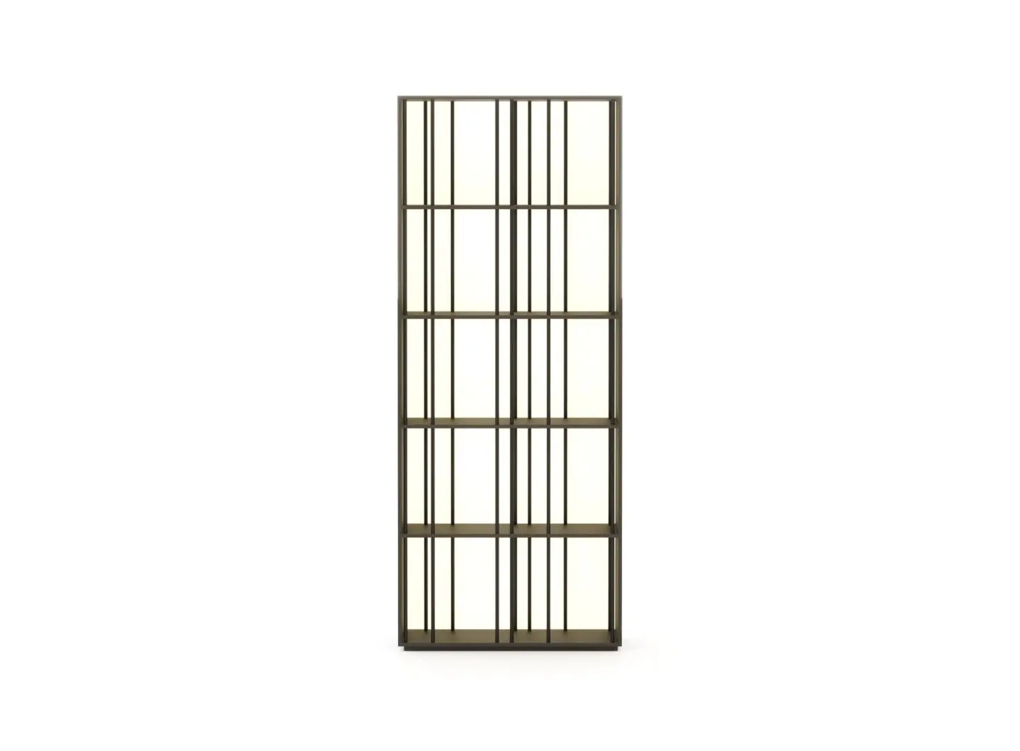 The Buren Bookcase appears as a tall open‑frame shelving unit in a bronze finish, defined by clean vertical and horizontal bars that form a symmetrical grid and emphasize its minimalist, contemporary character.