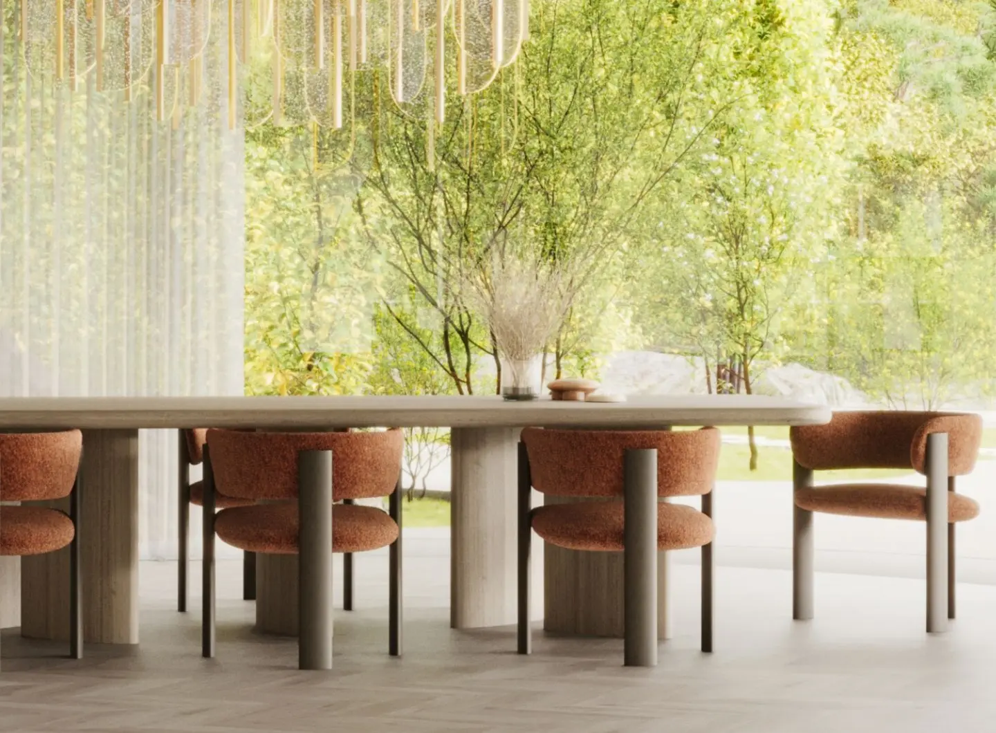The Dolomites Chair is presented as a set of rust‑colored upholstered dining chairs with rounded backs and cylindrical legs, arranged around a long wooden table beneath a sculptural chandelier in a bright room with views of greenery.