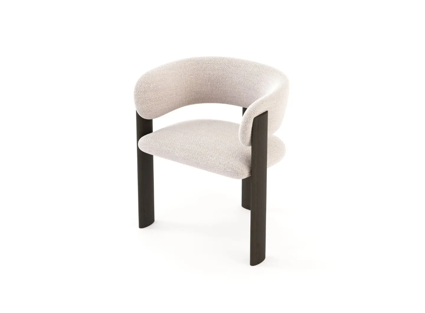 The Dolomites Chair appears as a light‑beige upholstered chair with a curved seat and backrest, supported by two tall dark wooden legs that rise above the seat, creating a clean, contemporary silhouette.