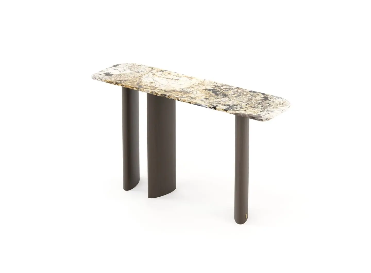 The Dolomites Console appears as a rectangular console table with rounded corners, featuring a polished stone top with beige, brown, black, and white tones, supported by three dark cylindrical legs in a minimalist arrangement.