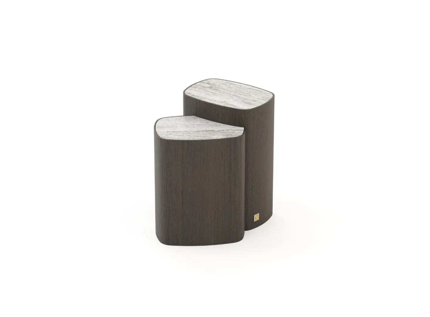 The Dolomites Side Table appears as two cylindrical wooden tables with softly rounded, organic shapes and lighter textured stone tops, positioned closely together with a small metallic accent near the base of one piece.