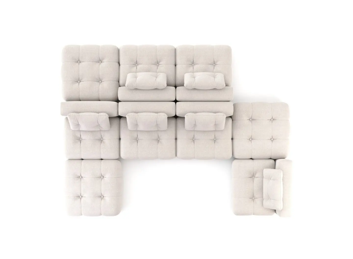 The Antónia Sofa is shown from a top-down perspective as a modular L‑shaped arrangement in light bouclé, composed of square seating units and tufted cushions that demonstrate its flexible configuration and sculptural, architectural geometry.