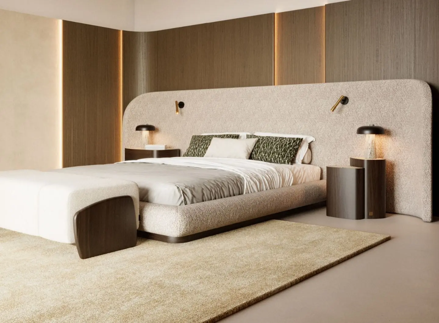 The Dolomites Side Table is shown beside a bed as a rounded nightstand with an organic, softly curved form in a muted brown tone, paired with a matching lamp and set against a wall of vertical wooden panels with integrated warm lighting.