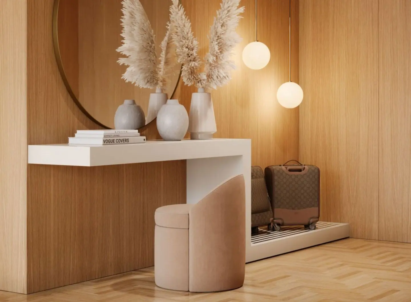 The Elis Stool is shown beneath a floating white console as a compact cylindrical seat with a curved backrest, upholstered in light beige fabric with smooth brown leather on the outer shell, placed in a warm minimalist interior with wooden walls and soft pendant lighting.