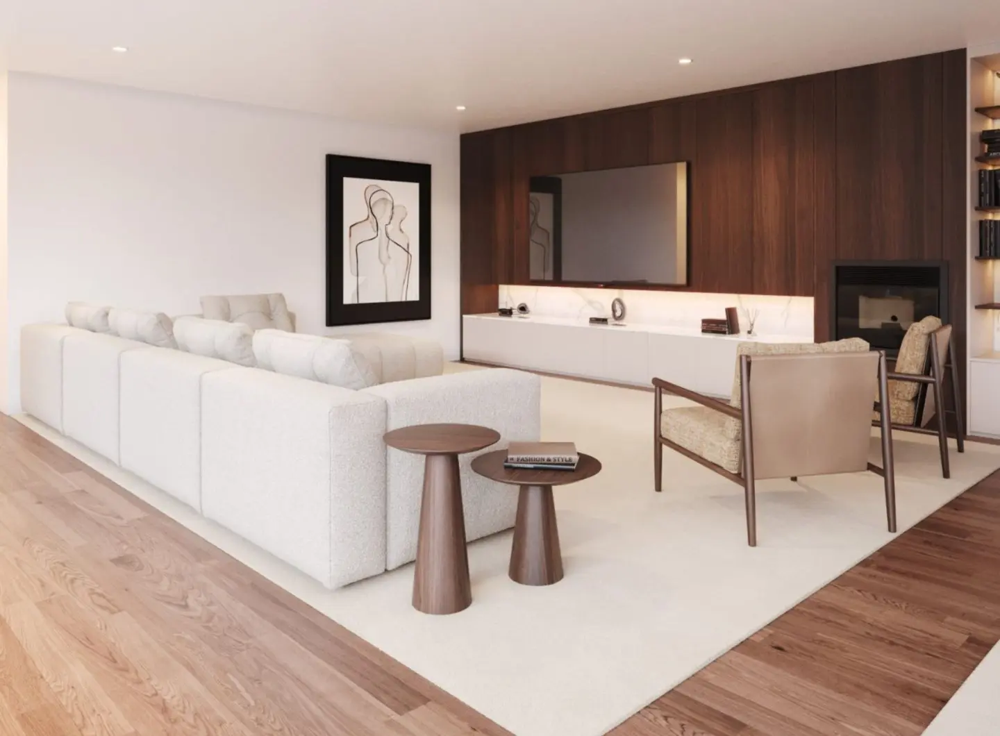 The Olivier Side Tables are shown in a minimalist living room as two round wooden tables with softly curved tops and conical bases placed before a light sectional sofa, their warm tones and simple geometry adding quiet balance and natural elegance to the space.