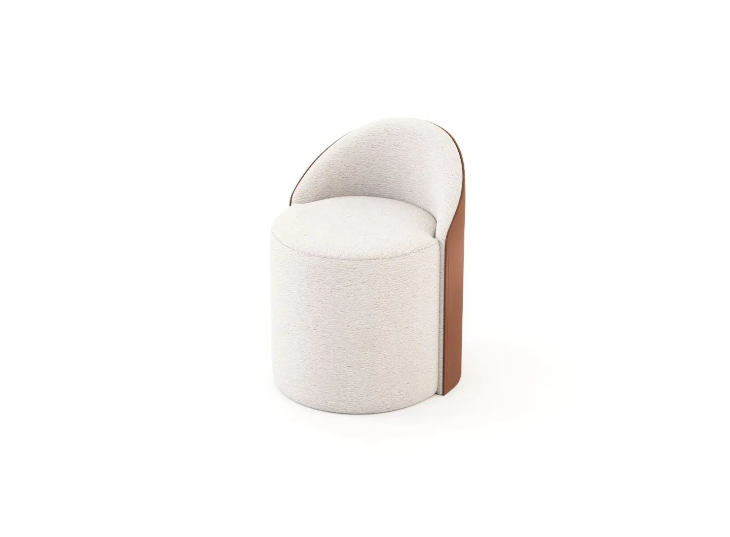 The Elis Stool appears as a modern chair‑style stool with a cylindrical base and a curved backrest, featuring light beige upholstery on the seat and interior and smooth brown leather on the exterior, highlighting its soft, organic silhouette.