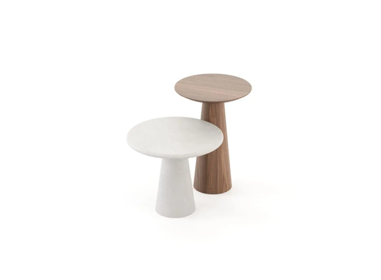 The Olivier Side Tables appear against a white background as two round pieces with smooth tops and tapered bases, one in light grey and the other in warm wood, their contrasting materials highlighting the gentle curves and modern simplicity of the design.