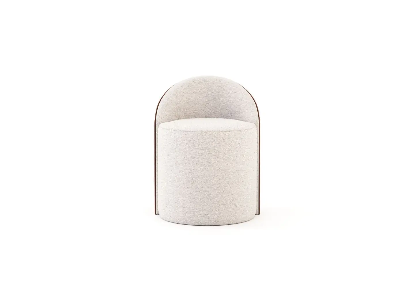 The Elis Stool is shown as a compact cylindrical seat with a rounded backrest, fully upholstered in light beige fabric with a thin brown trim along the edges, emphasizing its clean, minimalist, and softly curved form.