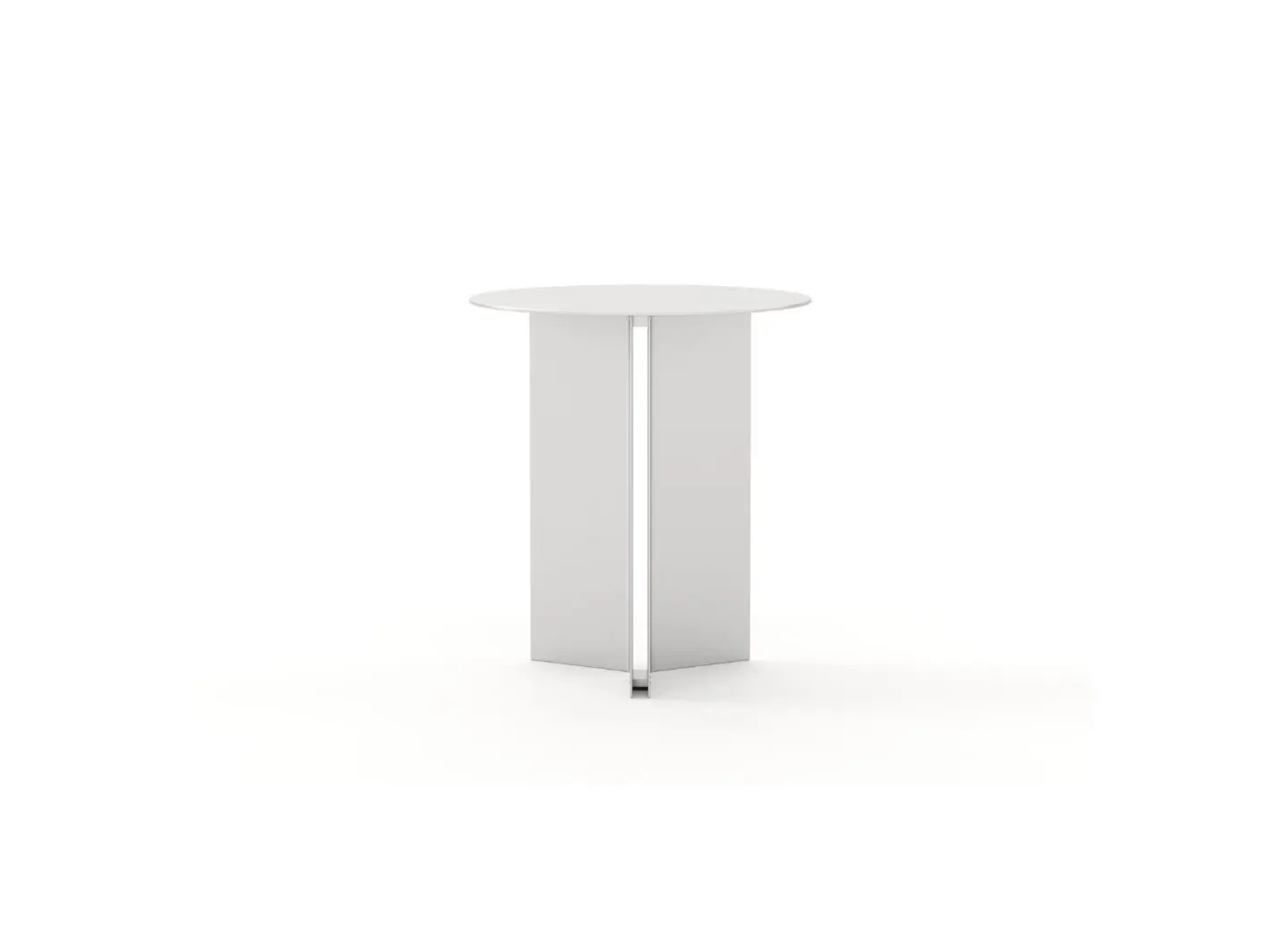 The Steel Side Table is shown on a white background as a round steel table with a crisp top and cross‑shaped metal base, its balanced proportions and geometric clarity highlighting the purity and simplicity of its contemporary design.