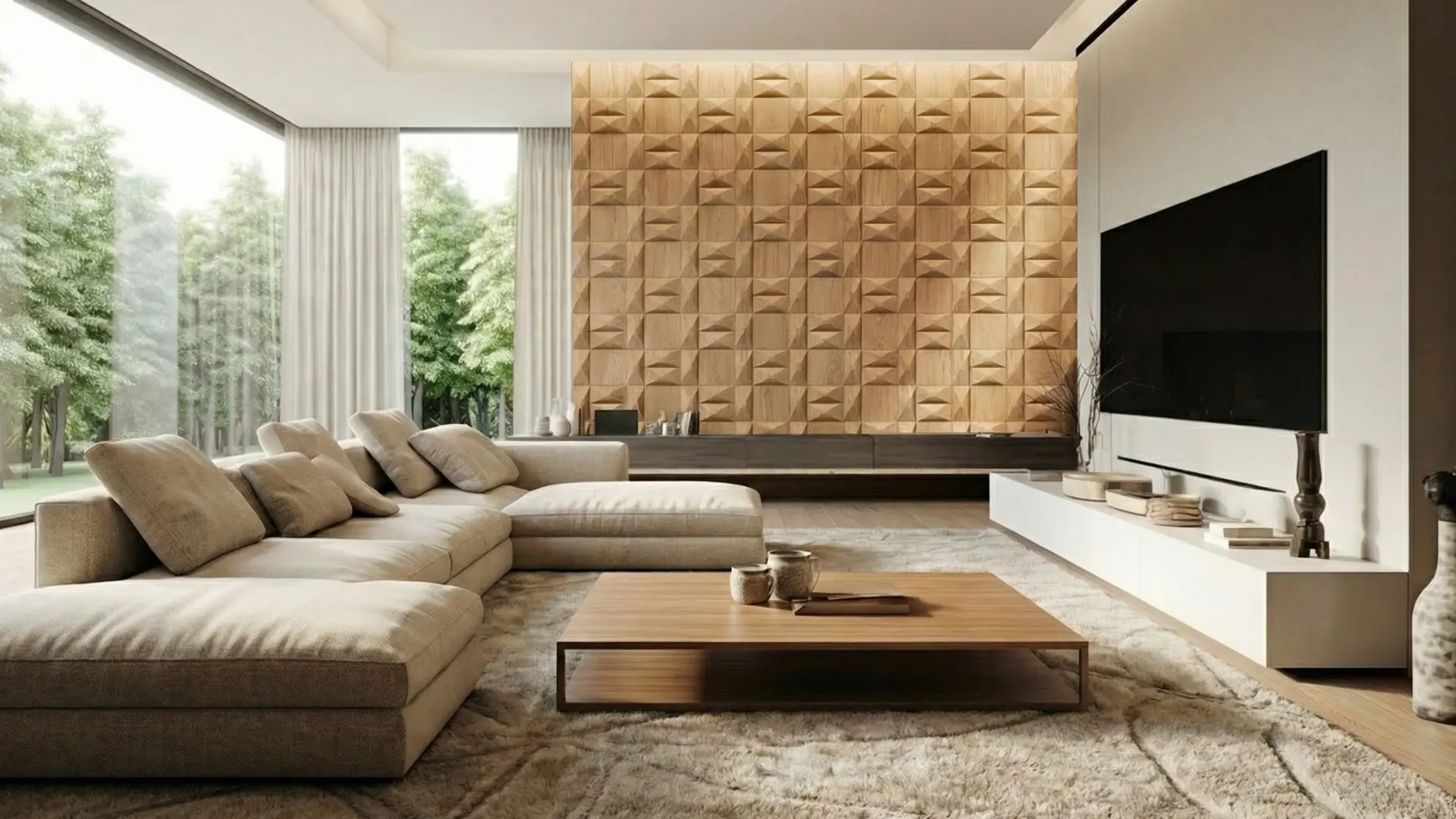 Spacious living room featuring a large accent wall with 3D oak wood panels in pattern, light modular sofa, and panoramic garden view.