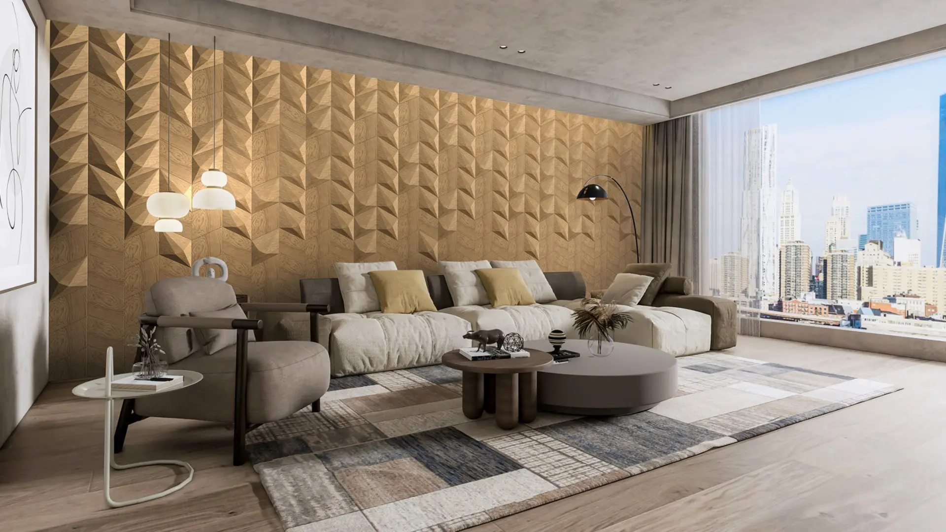 Luxury penthouse living room featuring a large accent wall with 3D oak wood panels in a triangle pattern, modular sofa, and city skyline view.