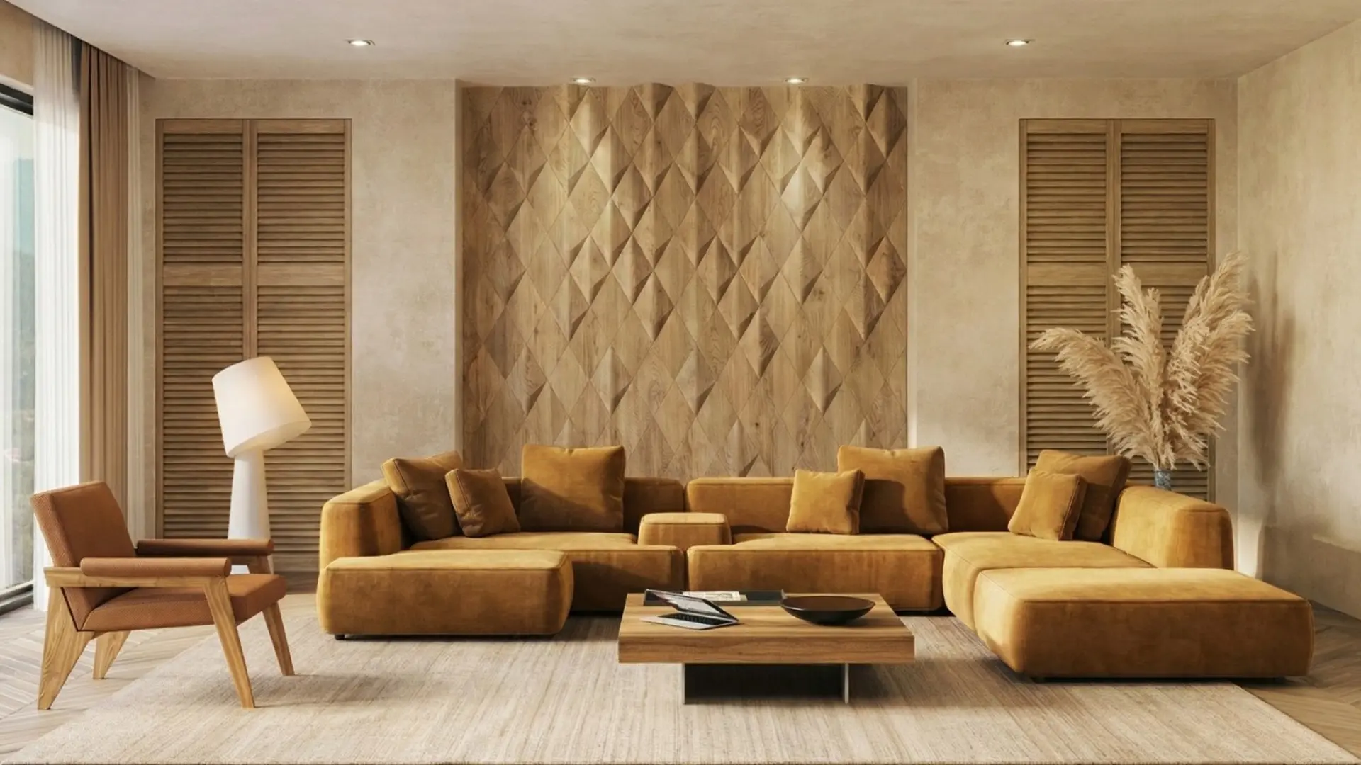 Japandi style living room with 3D oak wood panels in a wall niche, honey-colored sofa, and warm minimalist decor.
