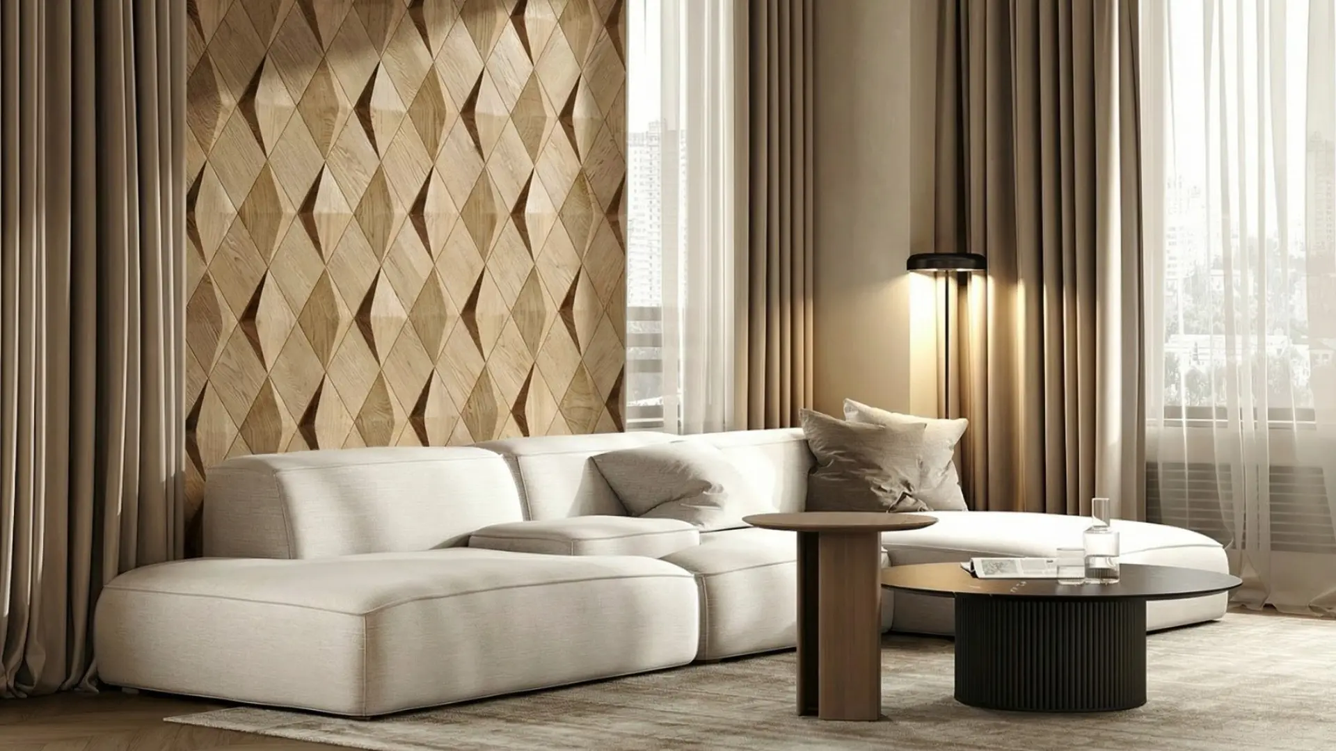 Elegant living room featuring a decorative wall of 3D oak wood panels in a diamond pattern, with a white modular sofa and beige curtains.