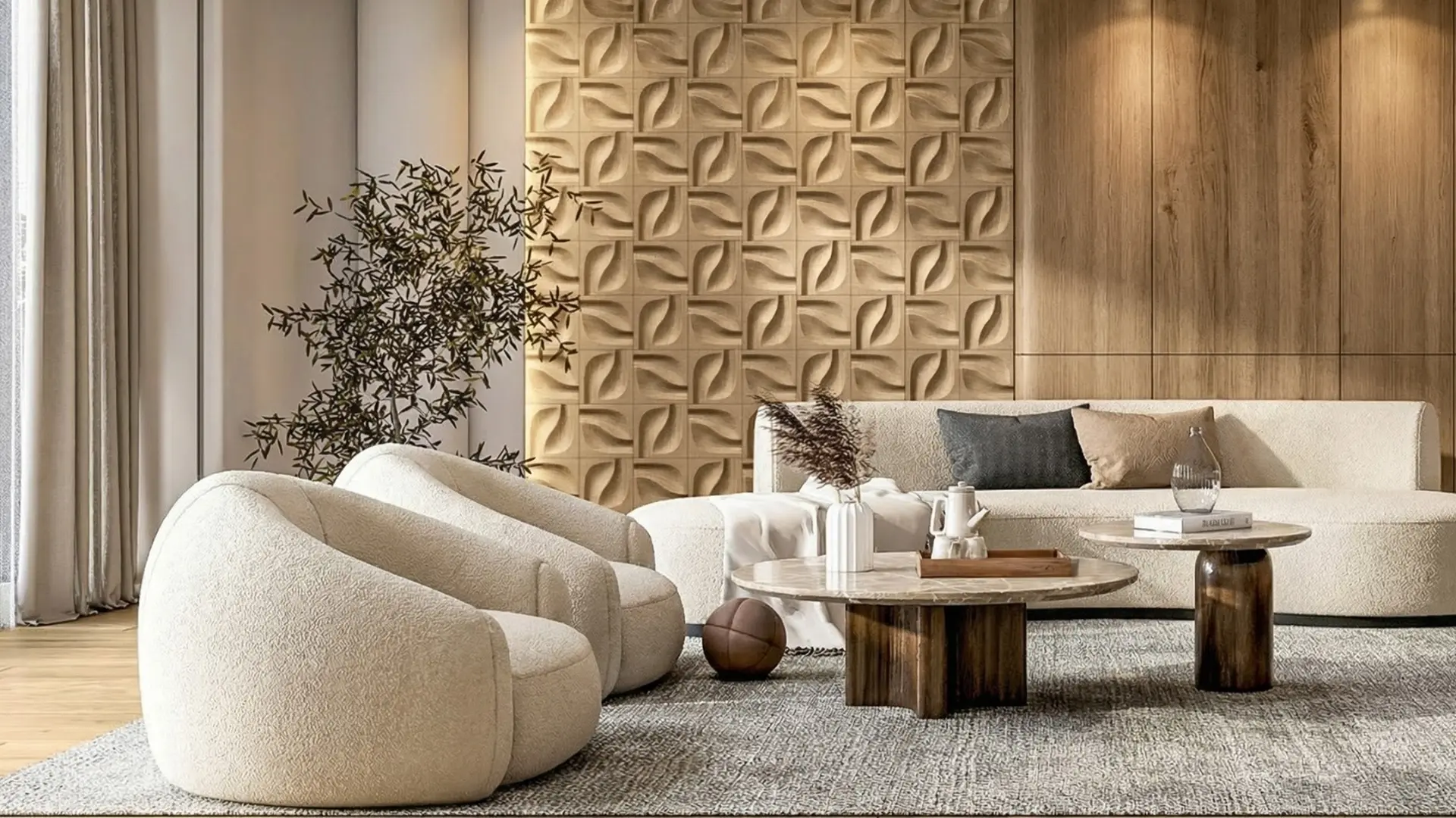 Bright soft minimalism living room with a 3D oak wood accent wall in an organic leaf pattern, beige bouclé sofa, and marble furniture.