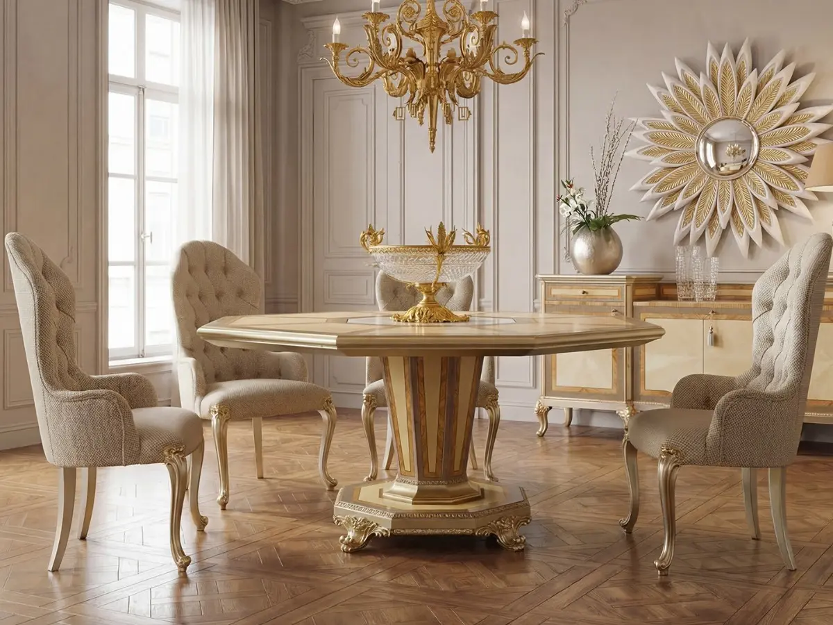 Marzorati Agnes octagonal dining table in maple wood, neoclassical style with silver base.