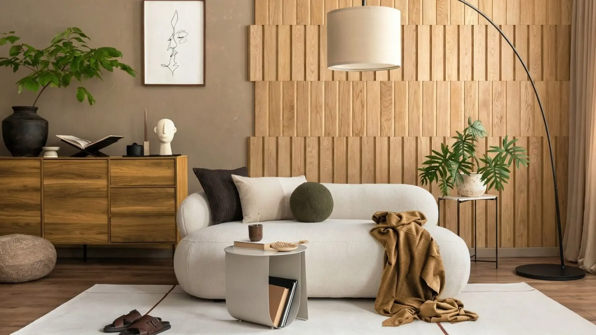 Cozy modern organic living room featuring a decorative 3D oak wood panel wall (Linear pattern), white bouclé sofa, wooden sideboard, and beige accents.