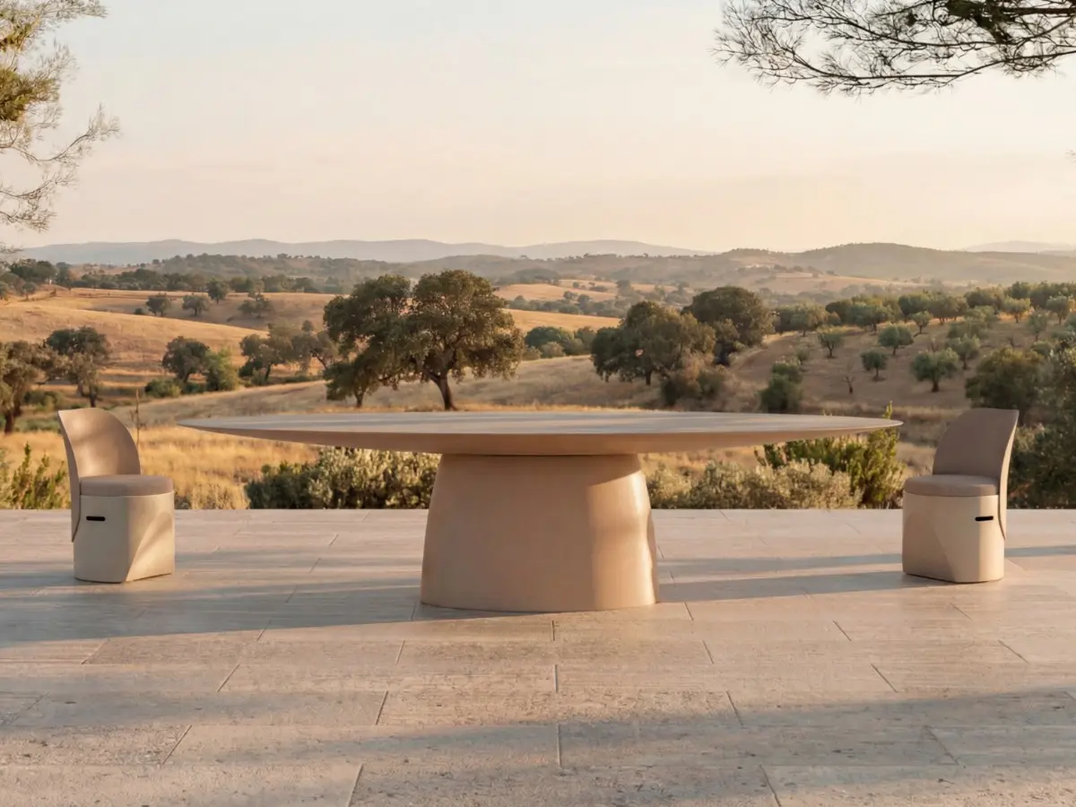 MAGNA Dining Table by GANSK on an outdoor terrace, a large round table with a sculptural pedestal base and two chairs overlooking a countryside landscape
