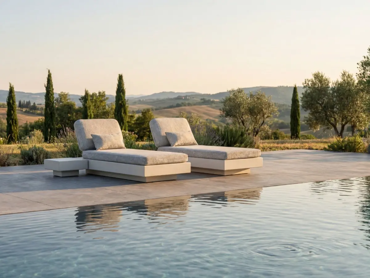 NORDIC Sun Bed by GANSK beside a pool, two low sun loungers with generous cushions on a terrace overlooking a countryside landscape.