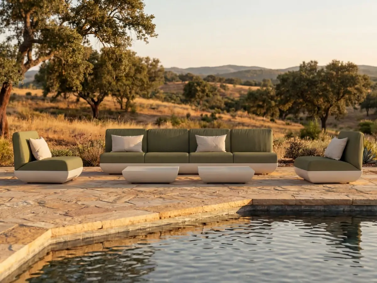 VITORIA Sofa by GANSK in an outdoor setting, a modular three-seat sofa with two lounge modules and low coffee tables by a pool.