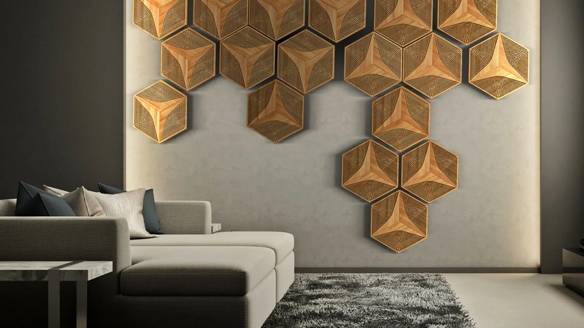 Modern living room wall art installation made of 3D oak Hexagon panels with acoustic perforation, on a backlit concrete wall.
