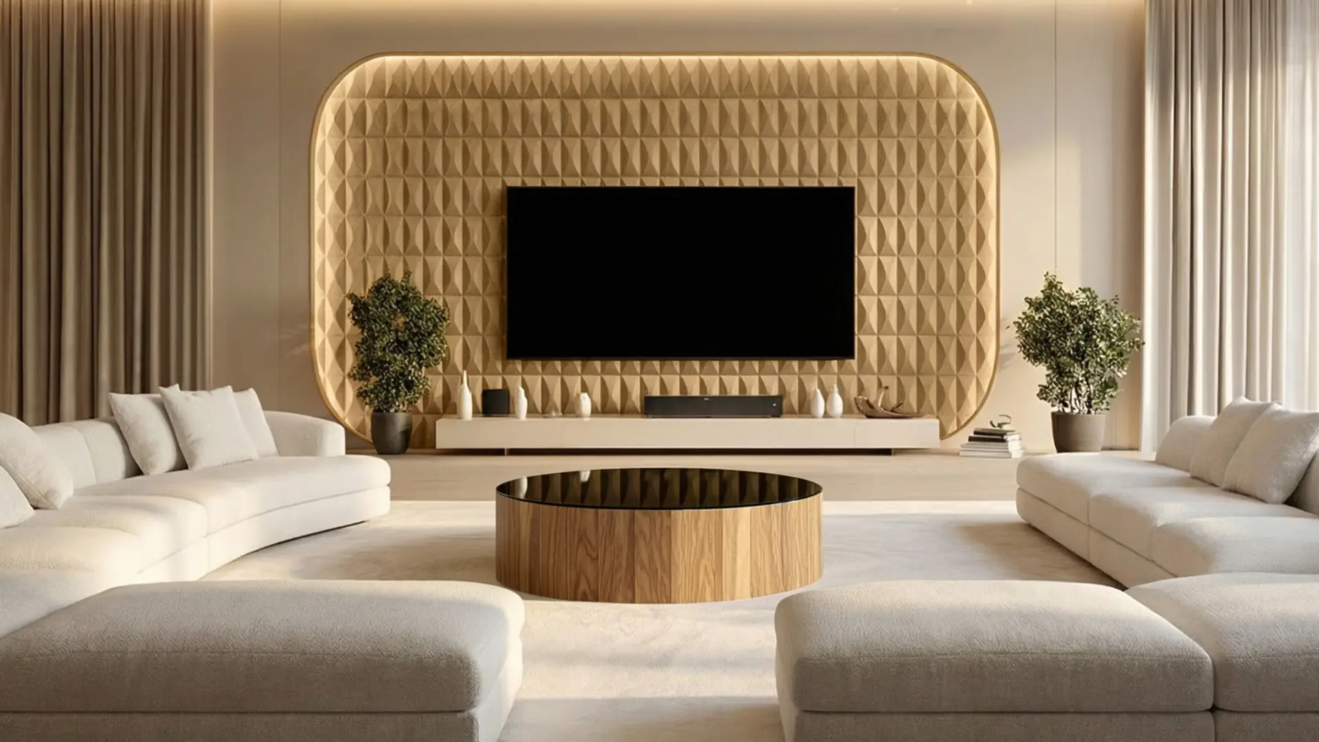 Luxury living room featuring a curved TV accent wall made of 3D oak wood panels with LED backlighting and white modular sofas.
