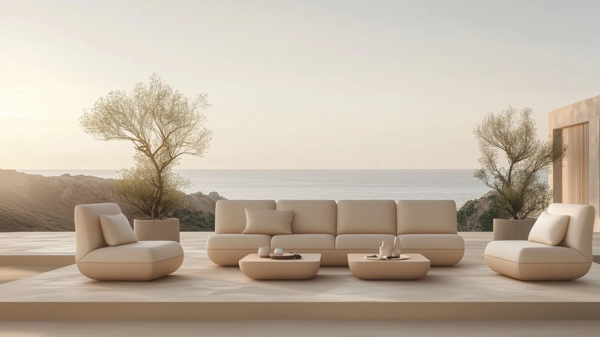 VITORIA Sofa by GANSK on a minimalist sea-view terrace, a modular lounge set with a three-seat sofa, two armchairs, and low coffee tables.