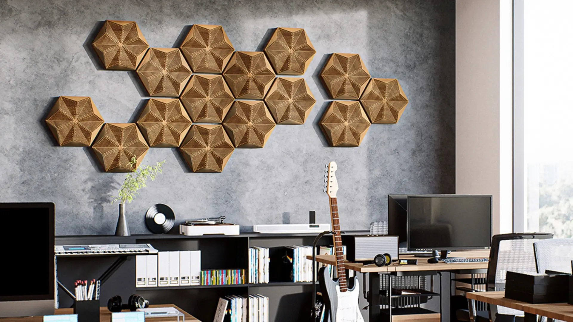 Modern music studio featuring an artistic wall installation of 3D oak panels in a Hexagon pattern on a concrete wall, next to a guitar and audio gear.