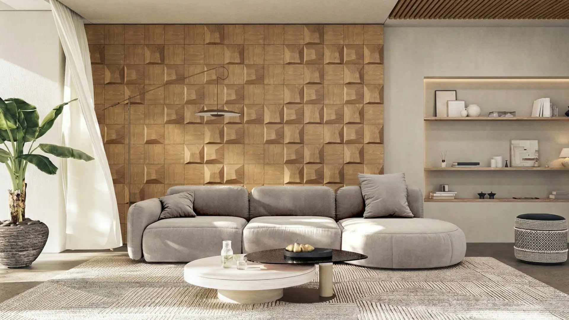 Bright living room in soft minimalism style with a decorative wall of 3D oak wood panels in a square, convex pattern and a grey modular sofa.