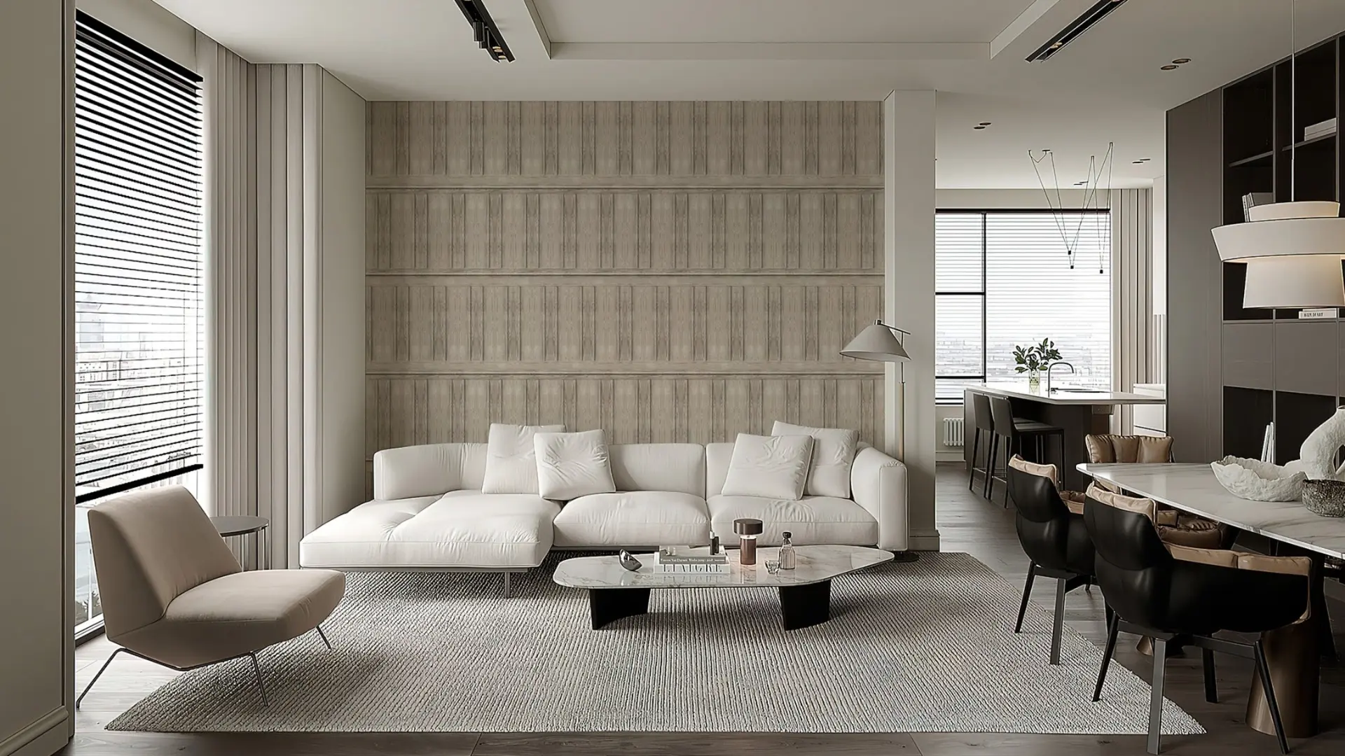 Spacious living room in a modern loft featuring a vertical 3D oak wood accent wall in a Ribbon pattern, panoramic windows, light modular sofa, and organic furniture.