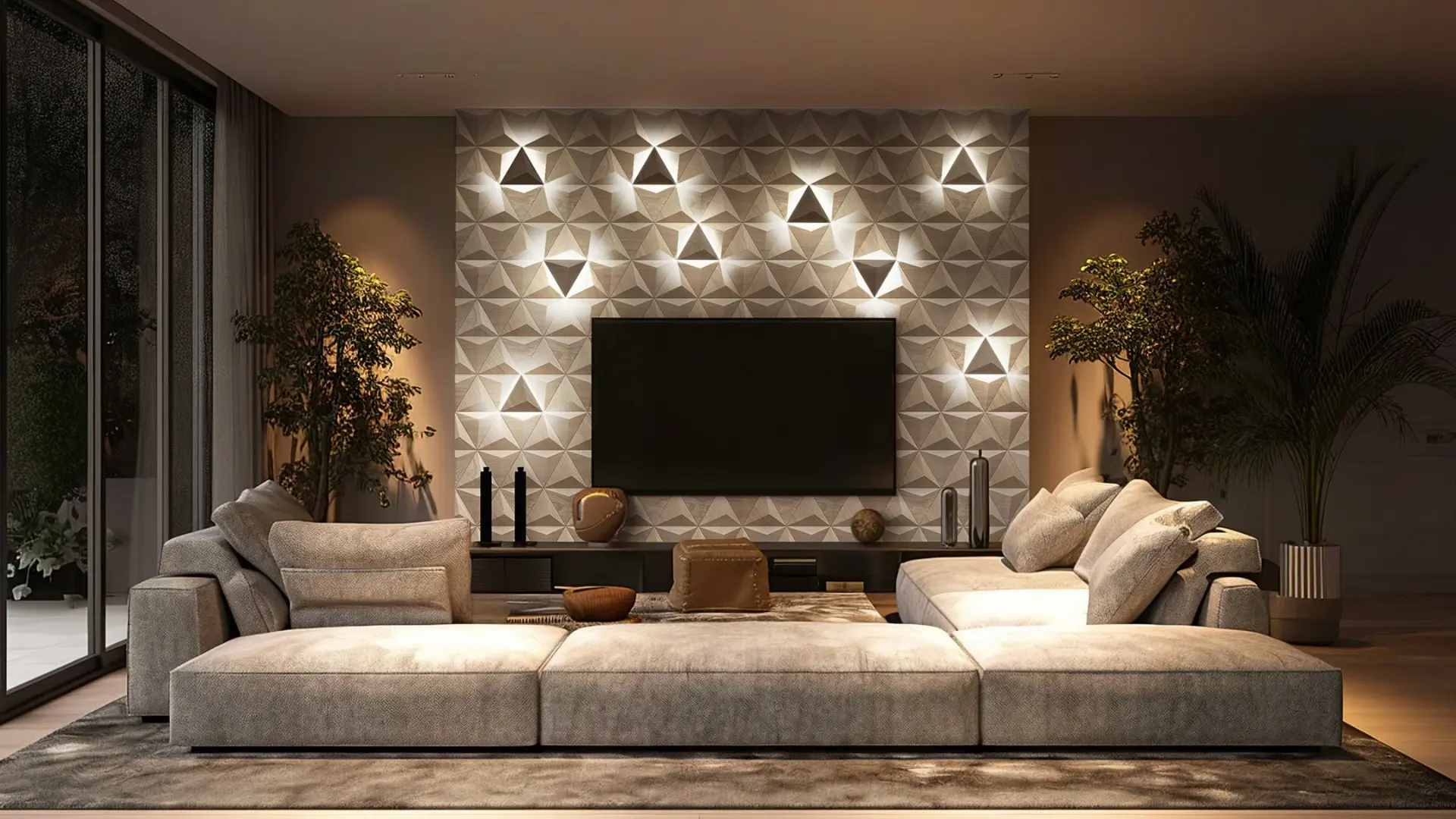 Luxury living room featuring a modern TV wall with 3D oak panels in a triangle pattern, spectacular LED backlighting, and a large modular sofa.