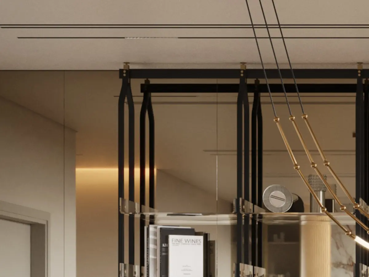 Libreria Atlanta di Muranti con struttura in metallo nero laccato spazzolato, cassetti in noce con dettagli in oro spazzolato e ripiani in acrilico trasparente con angoli arrotondati.