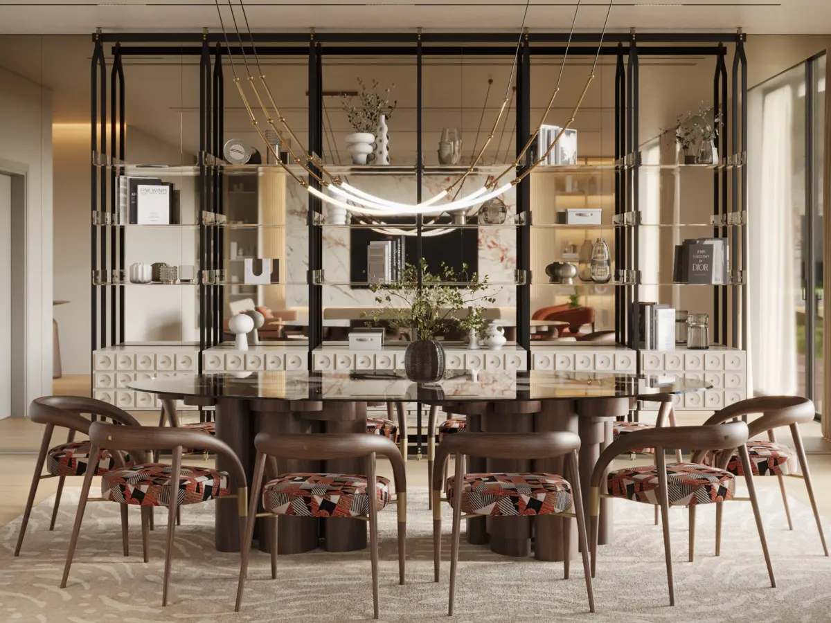 Atlanta bookcase by Muranti with brushed black lacquered metal frame, walnut drawers with brushed gold accents, and acrylic shelves with rounded corners.