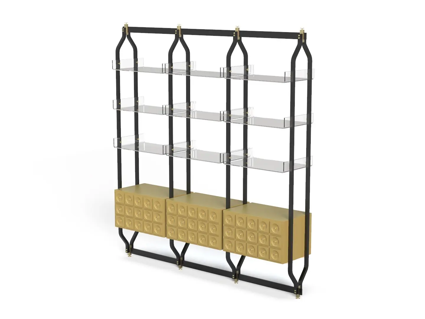 Libreria Atlanta di Muranti con struttura in metallo nero laccato spazzolato, cassetti in noce con dettagli in oro spazzolato e ripiani in acrilico trasparente con angoli arrotondati.