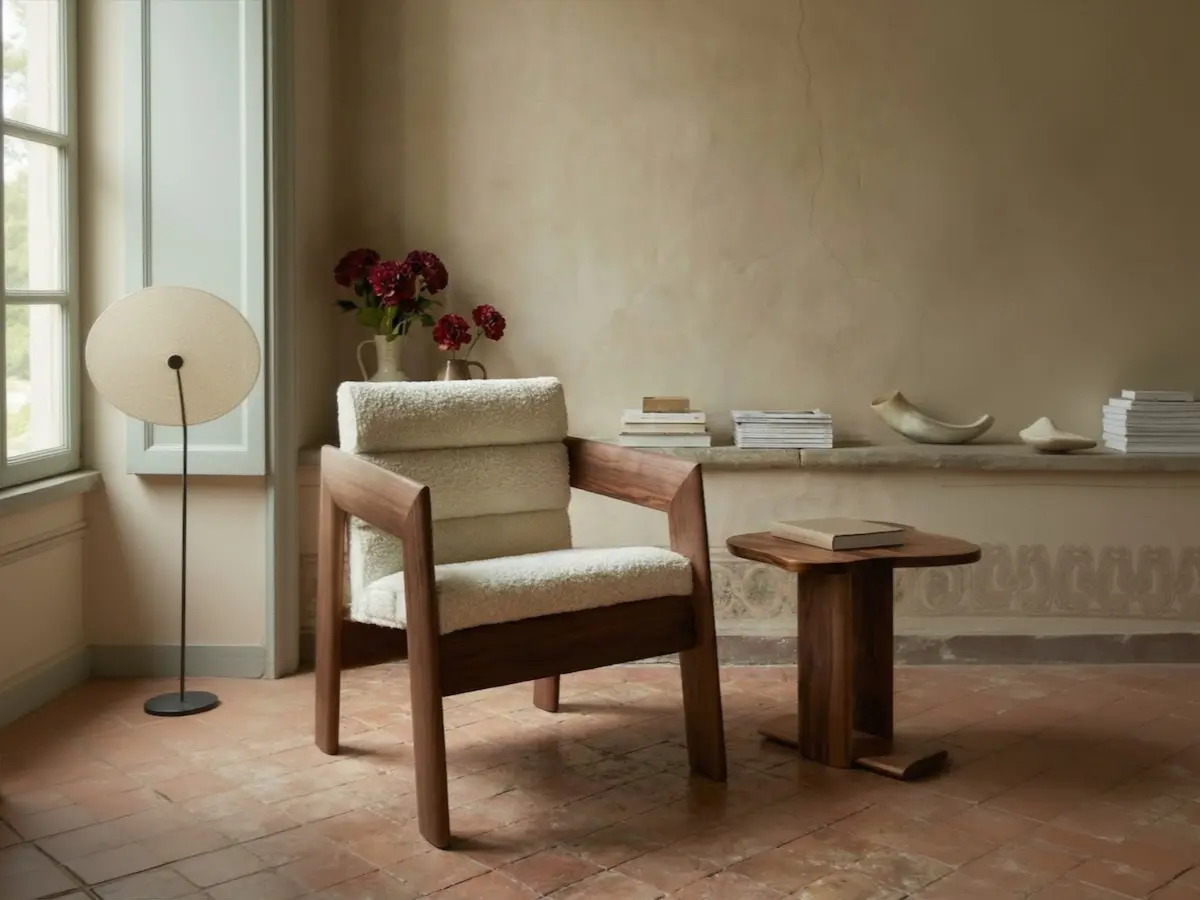 Lounge chair in walnut and white fabric upholstery