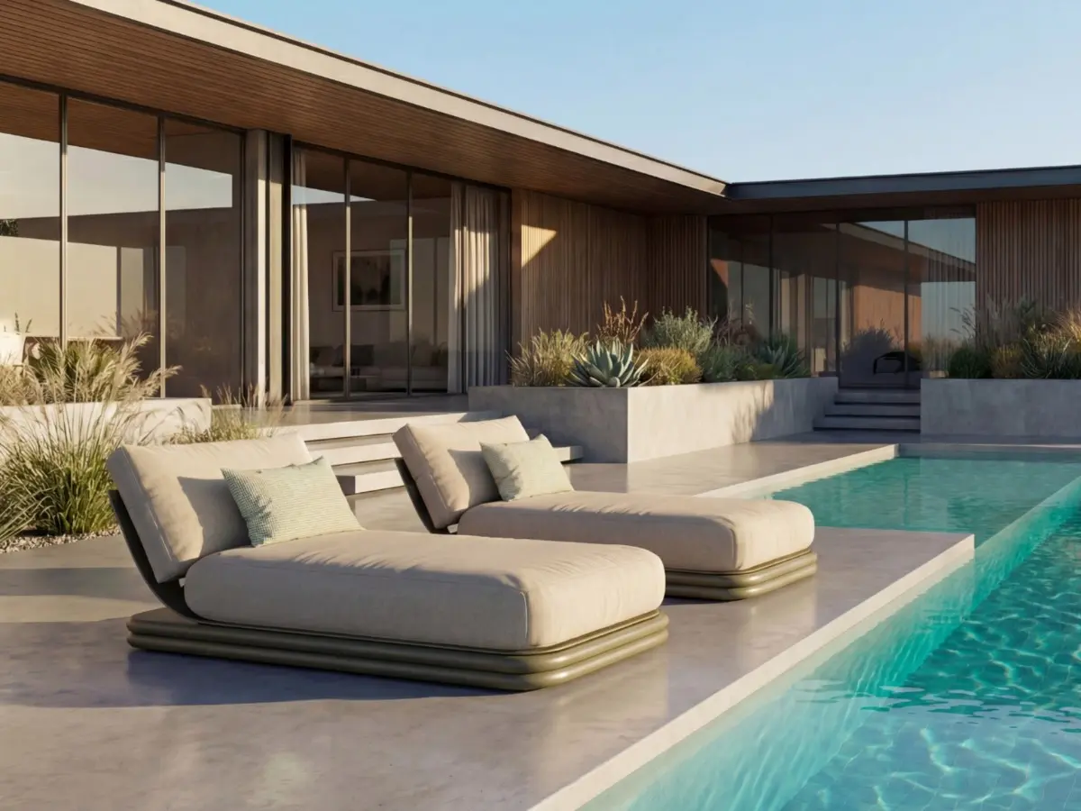 Two low-profile outdoor daybeds by a modern pool, with deep cushions and stacked base detailing.