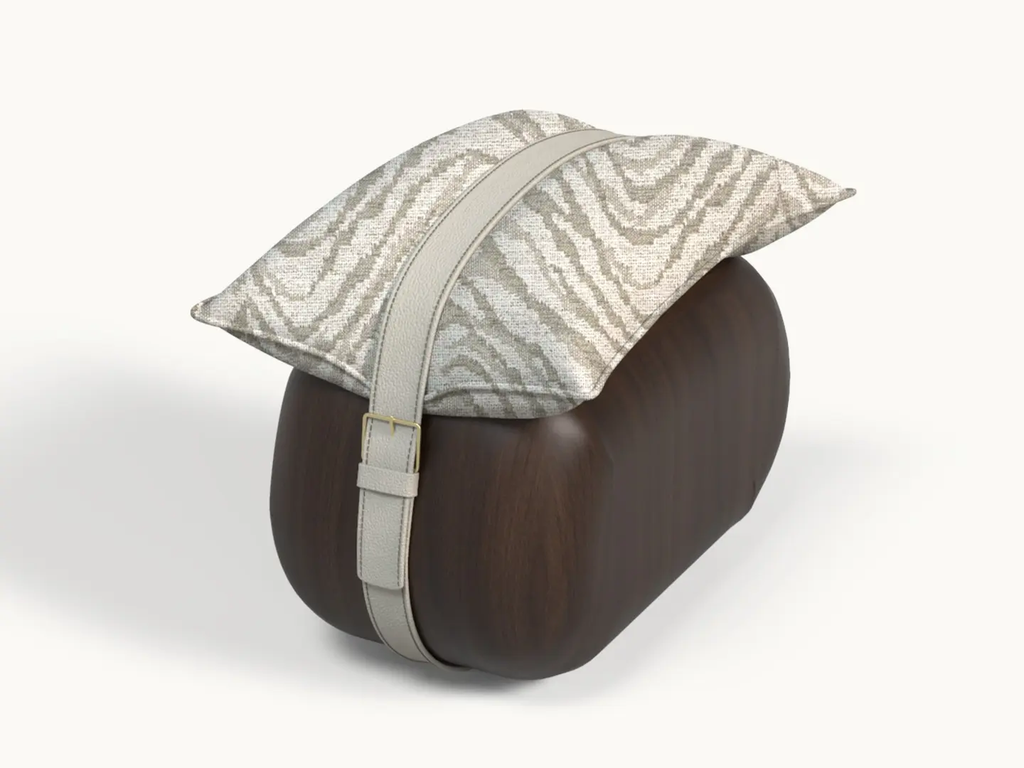 Sgabello De Berry di Muranti con solida base in legno arrotondata, seduta imbottita e dettaglio a cinturino che collega la base al cuscino, combinando comfort e raffinato design contemporaneo.