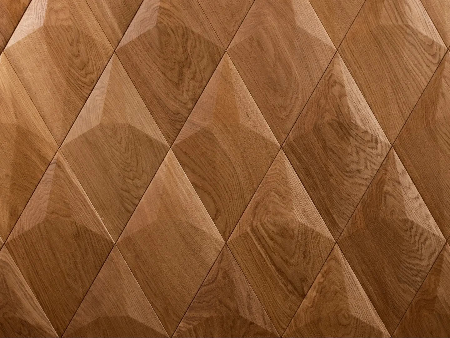 Close-up of 3D oak wood wall panels in a natural finish, featuring a diamond pattern and clear wood grain texture.